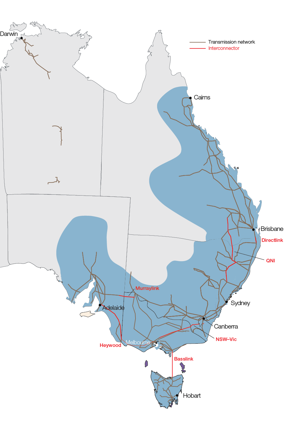 Graphic showing the Eastern side of a map of Australia, with the electricity distribution routes shown.