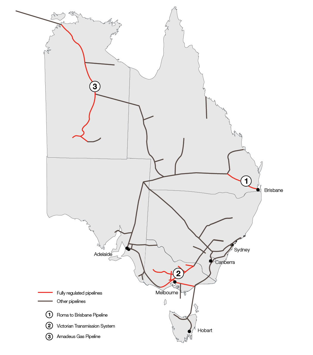 A graphic showing the Eastern side of a map of Australia, showing the gas distribution network.