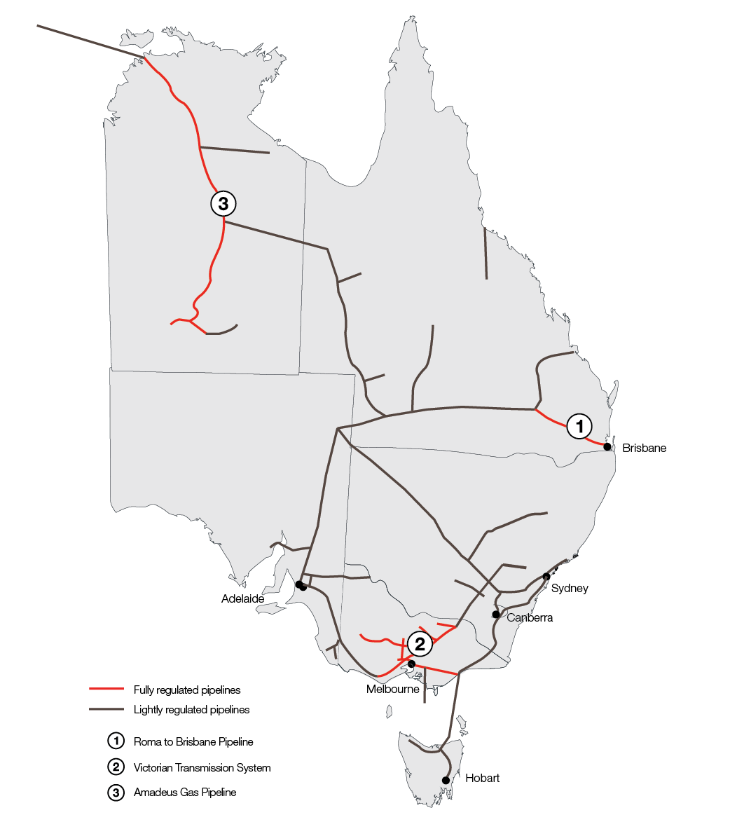 A grey map of eastern Australia on a white background, with fully regulated pipelines and lightly regulated pipelines shown.