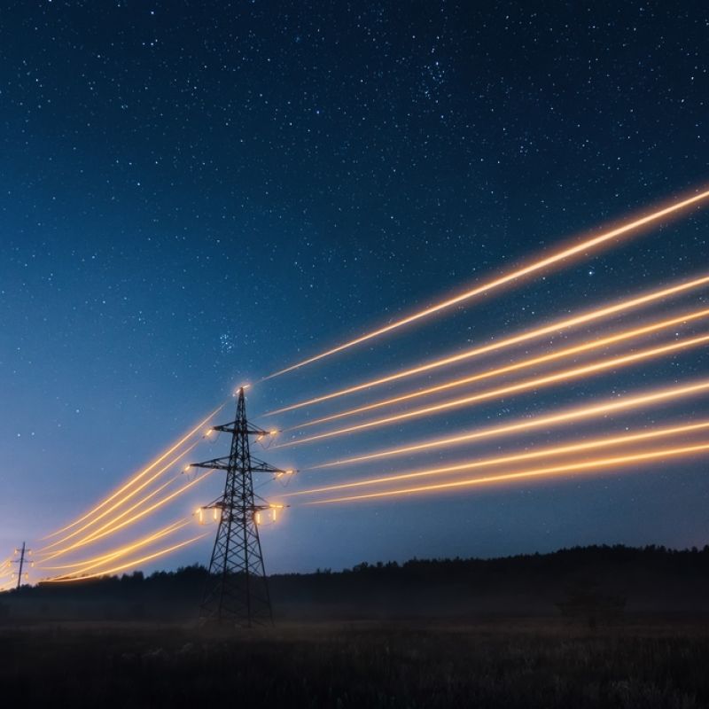 A depiction of electricity running through a transmission tower