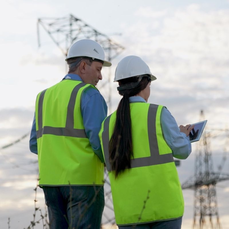 Two engineers in high-visibility jackets holding a computer and looking up at a transmission tower