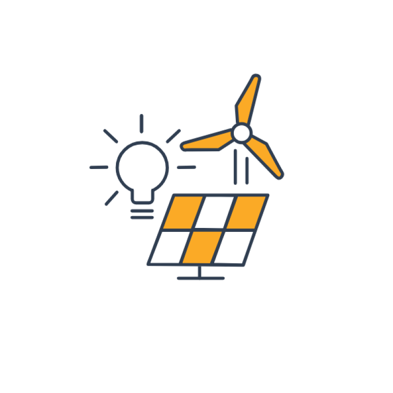 This icon depicts a solar panel and a wind turbine together with a light globe which represents renewable energy generation powering homes