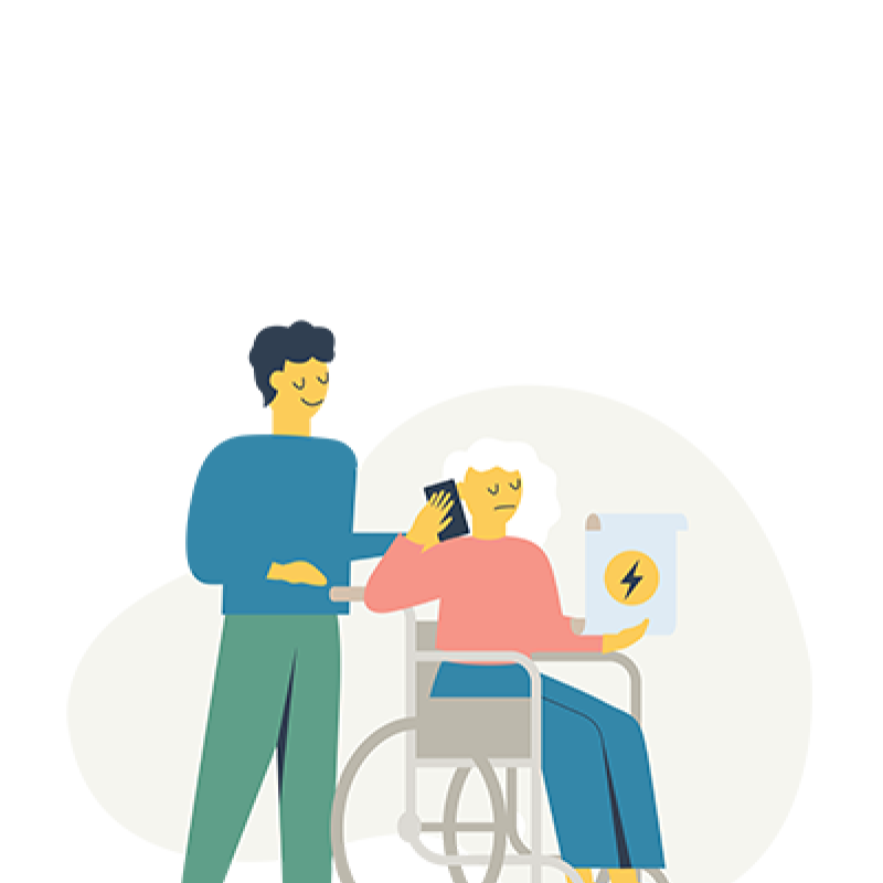 An illustration of two people, one stands beside another seated in a wheelchair using a phone and laptop.