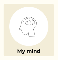 A line work illustration of the side-on profile of a person's head, showing the outline of their brain. The words 'my mind' are written underneath in black text.