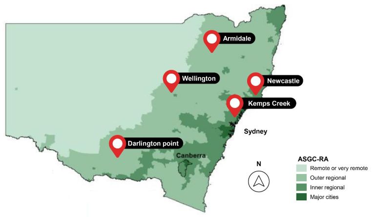A map of NSW showing the locations of the five sites for the synchronous condensers.
