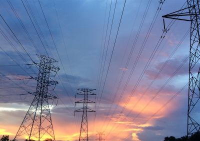Transmission lines at sunset