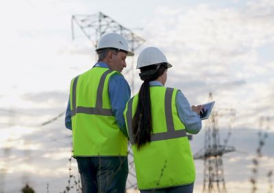 Two engineers in high-visibility jackets holding a computer and looking up at a transmission tower
