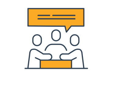 This icon show three people at a table talking together with a speech bubble above it to represent that they are consulting each other