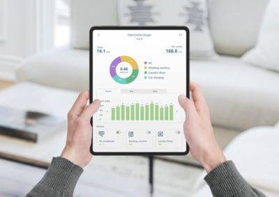 A woman holding a tablet that has data about her electricity usage on it