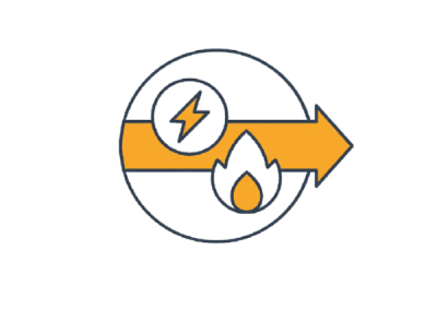 a yellow arrow pointing towards the right with symbols for electricity and gas sitting on top of it
