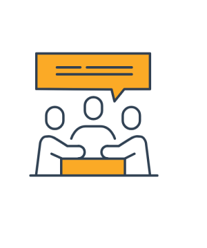 This icon show three people at a table talking together with a speech bubble above it to represent that they are consulting each other