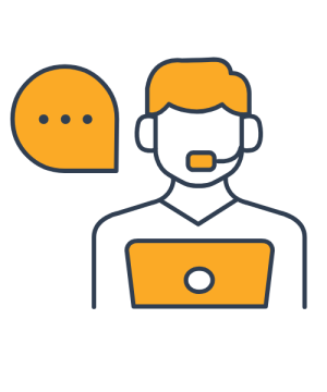 A person with a headset on in front of a laptop with a speech bubble that represents them talking to customers