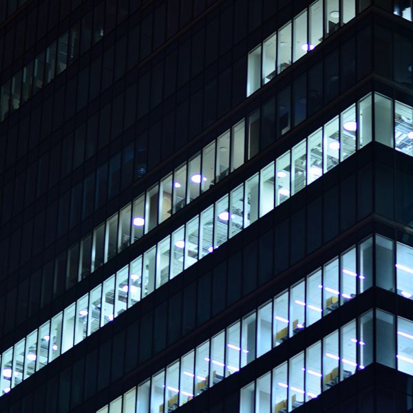 Lights on in an office building