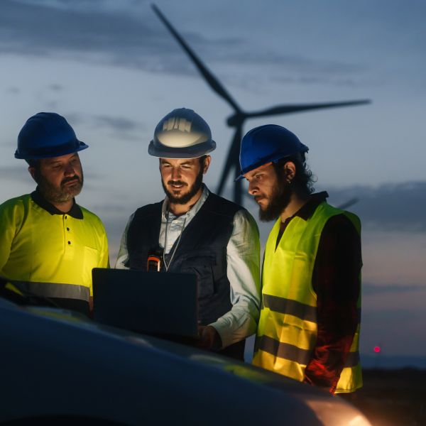 Three people in high vis and hard hats are working in the field of a wind farm. They are using a car bonnet as a desk and looking down at a laptop. 