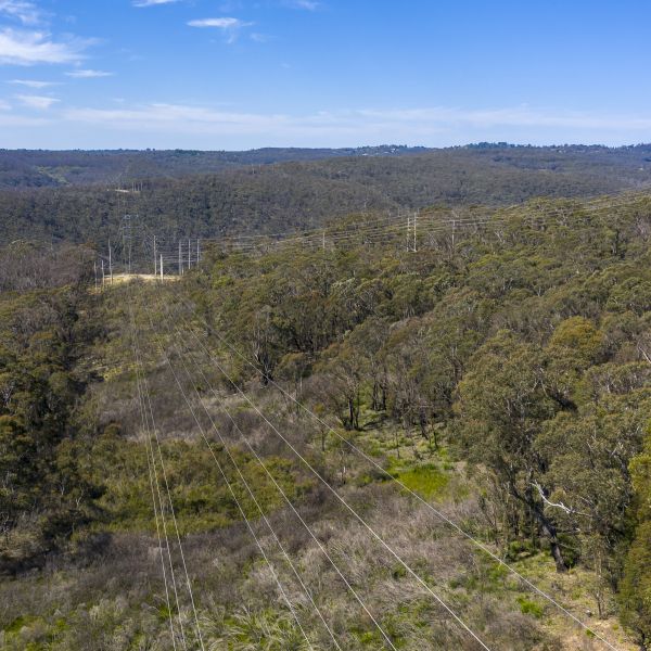 Aerial view of electricity transmission lines through Australian bushland