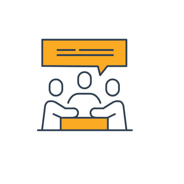 This icon show three people at a table talking together with a speech bubble above it to represent that they are consulting each other