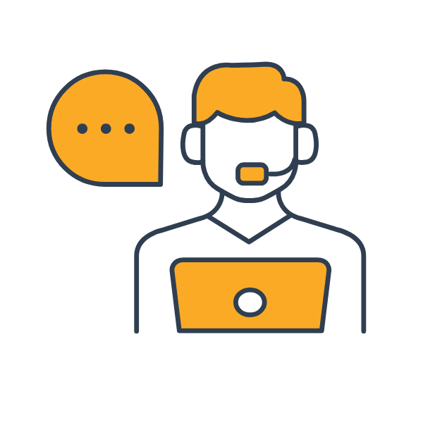 A person with a headset on in front of a laptop with a speech bubble that represents them talking to customers