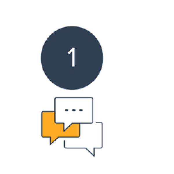 Three speech bubbles joined together with a circle above that has the number 1 in it