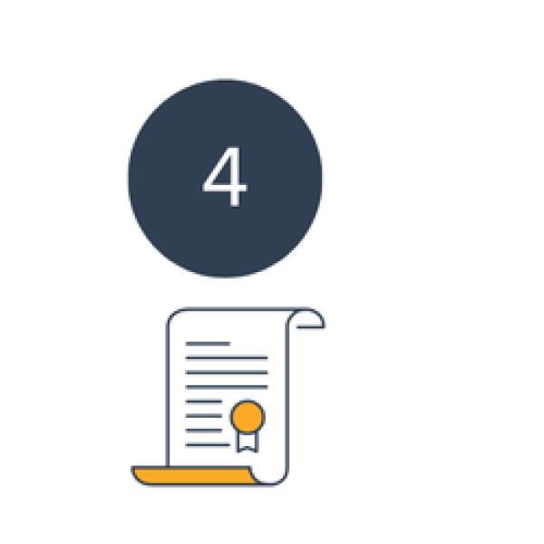 Icon of a certificate of completion with a blue circle above it that has the number 4 in it
